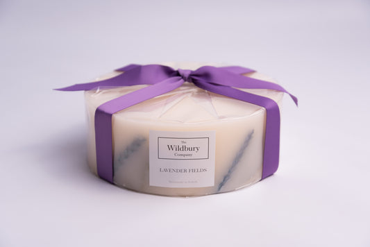 Extra Large Five Wick Candle Lavender Fields Candle tied with purple ribbon and label 