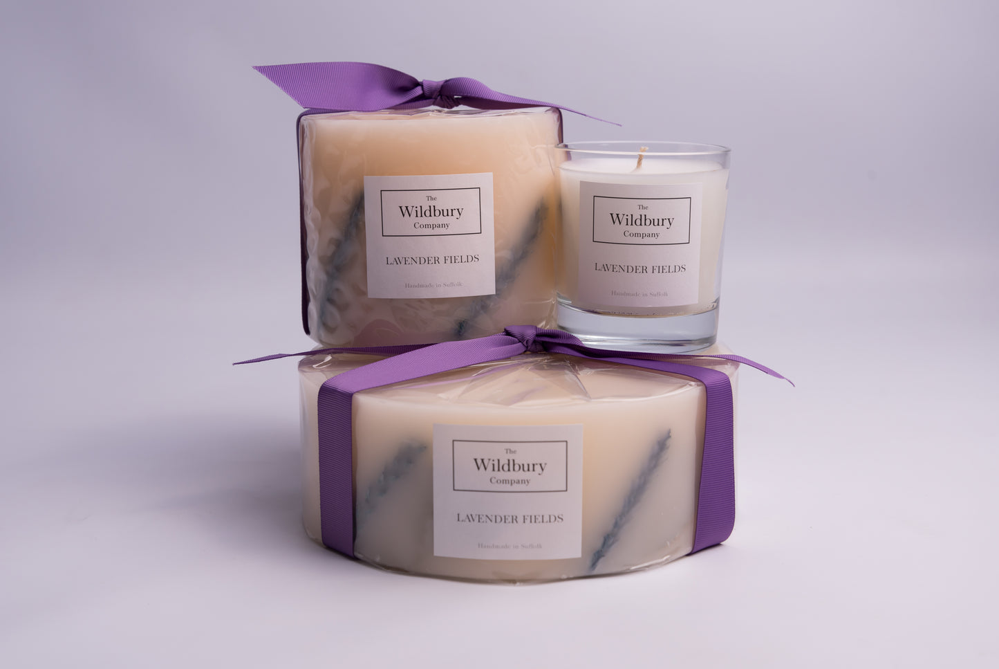 Lavender Fields Collection of Three Different Sized Candles stacked